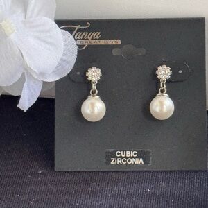 Silver and Pearl post Drop Earrings 1 inch